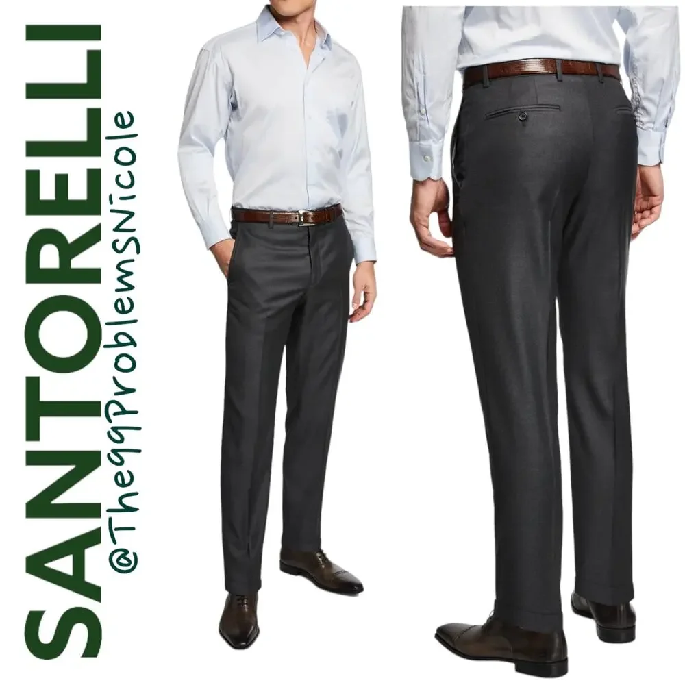 Santorelli Romeo Flat Front Micro Stripe Wool Trouser in Charcoal - Picture 1 of 8